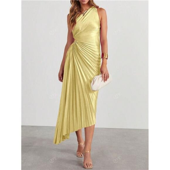 NEW - Elegant Yellow Pleated Ruffle Hem Asymmetrical Neck Dress - Picture 3 of 8